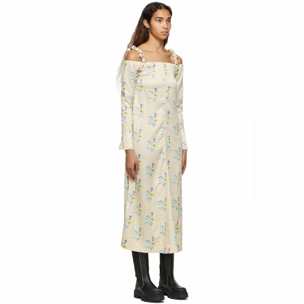 GANNI Cold-Shoulder Floral-Print Crinkled-Satin Midi Dress